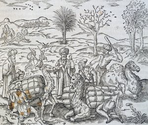 Comerciantes árabes en Siria, grabado de Cosmología Universal, por Andre Thevet de Andre Thevet