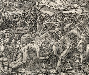 Batalla entre las tribus Margageaz y Tabajares, grabado de Cosmología Universal, por André Thevet (1504-1592) de Andre Thevet