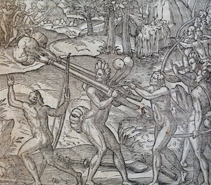 Batalla entre nativos en Canadá, grabado de Cosmographie Universelle, por André Thevet, París 1575 de Andre Thevet