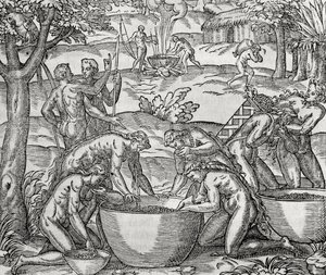 Cap de Frie, mujeres preparando comida, grabado, América del Sur de Andre Thevet