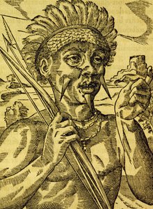 Jefe de tribu de caníbales, grabado de Cosmología Universal, por André Thevet (1504-1592), París