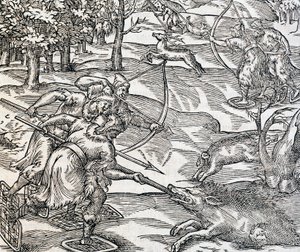 Indios cazando jabalíes, grabado de Cosmología Universal, por André Thevet, París de Andre Thevet