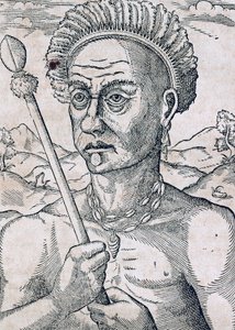 Rey Quoniambec, Brasil, grabado de la Cosmología Universal de Andre Thevet