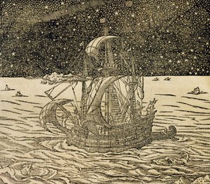 Marineros siguiendo la ruta del norte, grabado de Cosmología Universal, por Andre Thevet (1504-1592), París de Andre Thevet