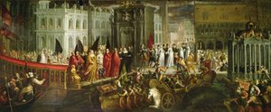 Llegada de la Dogaressa Morosina Morosini Grimani al Palacio Ducal, Venecia, c.1600 de Andrea Vicentino