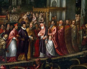 Dogo Mocenigo y Patriarca Trevisan dando la bienvenida a Enrique III en el Lido en 1574 de Andrea Vicentino