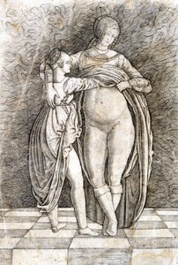 Una joven desviste a una mujer. Grabado de Andrea Zoan. Siglo XV de Andrea (attr. to) Zoan
