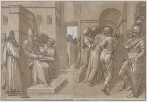 Pilato a la izquierda lavándose las manos, 1585 de Andrea Andreani