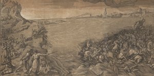 El cruce del mar rojo, Moisés señala al ejército siendo sumergido