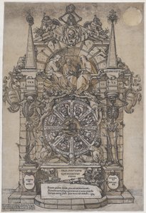 Triunfo de la Muerte con tres destinos en un marco arquitectónico sobre una rueda de la fortuna, 1588 de Andrea Andreani