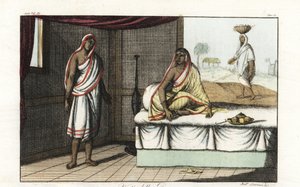 Diferentes tipos de sari y ropa que llevan las mujeres indias. Mujer distinguida con sari y velo sentada en un sofá, y mujer de rango inferior con sari corto. Cobre coloreado dibujado y grabado por Andrea Bernieri según François Solvyns de Giulio Ferrari. de Andrea Bernieri