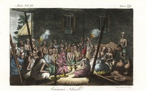 Ceremonia matrimonial hindú brahmánica o Bibaha celebrada en casa de la esposa. Plancha de cobre coloreada a mano dibujada y grabada por Andrea Bernieri según François Solvyns de la obra de Giulio Ferrario Trajes antiguos y modernos de todos los pueblos de de Andrea Bernieri