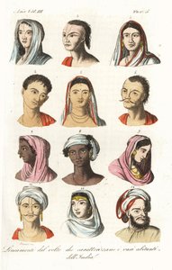Retratos de diferentes castas indias: Brahmanes 1,2, Kshatriyas o Khatri, casta mercantil punjabí 3,4, Vaisyas 5,6, Sudras 7,8, hindúes de la Alta India 9,10, y mogoles 11,12. Grabado en cobre coloreado a mano de Andrea Bernieri según François Solvyns.