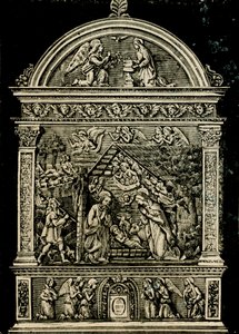 Natividad, retablo de terracota por Andrea della Robbia, de la iglesia de Santa Clara, Museo Cívico de Sansepolcro, Toscana, Italia, xilografía de Le cento città d