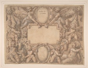 Un cartucho y dos escudos rodeados de figuras alegóricas, 1570-1631 de Andrea Lilli