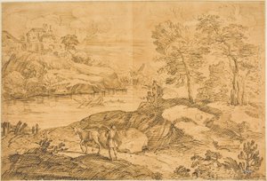 Paisaje fluvial con hombre y burro, bañistas