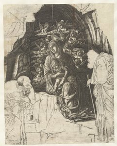 María y el niño rodeados de ángeles en la cueva con José y el rey en adoración de Andrea Mantegna (school of)