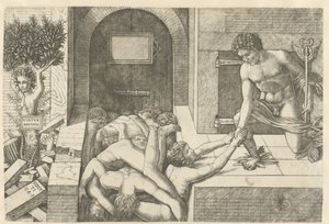 Mercurio como personificación de la Virtud salva almas en el limbo y Dafne se convierte en árbol Virtus Deserta (título sobre el objeto) de Andrea Mantegna (school of)