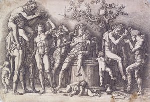 Un Bacanal con una Prensa de Vino de Andrea Mantegna