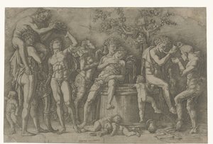 Bacanal con sátiros y bacantes en lagar de Andrea Mantegna