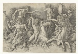 Batalla de los Dioses del Mar, con Envidia (Invidia) a la Izquierda Batalla entre sátiros montados en hipocampos y anciana como personificación de la envidia de pie en la espalda del dragón Batalla de los dioses del mar de Andrea Mantegna