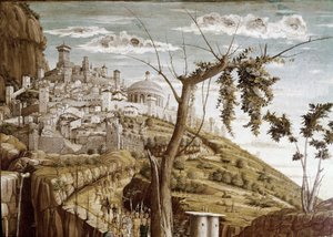 Cristo orando en el jardín de los olivos, parte izquierda de la predela, Retablo de San Zeno de Andrea Mantegna