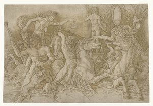 Batalla entre sátiros montados en hipocampos y anciana como personificación de la envidia de pie en la espalda del dragón Batalla de los dioses del mar de Andrea Mantegna
