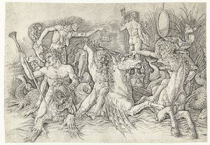 Batalla entre sátiros montados en hipocampos y anciana como personificación de la envidia de pie en la espalda del dragón Batalla de los dioses del mar de Andrea Mantegna