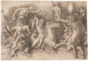 La lucha de los dioses del mar, mitad izquierda de Andrea Mantegna