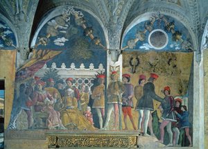 Marqués Ludovico Gonzaga III, su esposa Bárbara de Brandeburgo, sus hijos, cortesanos y su perro Rubino, de la Cámara de los Esposos o Cámara Picta, 1465-74 de Andrea Mantegna