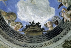Occulus del techo de la Casa de los Esposos, Palacio Ducal de Mantua, Italia (Camera degli Sposi, Palazzo Ducale, Mantova): detalle de figuras alegóricas y putti. Fresco de Andrea Mantegna (1431-1506) de Andrea Mantegna