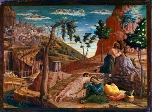 Oración en el Huerto de los Olivos Después de la última cena, Cristo va al monte de Getsemaní, que domina Jerusalén con los Apóstoles. Los soldados romanos se acercan para detenerlo. Retablo de San Zeno de Verona. Pintura (temple) sobre madera de Andrea Ma de Andrea Mantegna