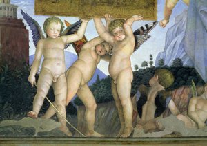 Putti con alas de mariposa sosteniendo la placa dedicatoria (detalle)