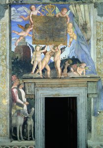 Putti con alas de mariposa sosteniendo la placa dedicatoria con perros de caza y sus manejadores abajo, de la Cámara de los Esposos o Cámara Picta, 1465-74 de Andrea Mantegna