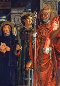 Altar de San Zeno. (detalle) 1457-1460. El detalle muestra a Agustín de Hipona, Lorenzo de Roma y Benito de Nursia