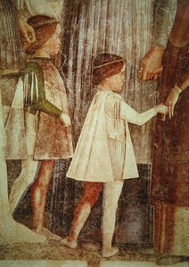 La Llegada del Cardenal Francesco Gonzaga, recibido por su padre el Marqués Ludovico Gonzaga III y sus hermanos, detalle de los niños Gonzaga, c.1465-74 (detalle) de Andrea Mantegna