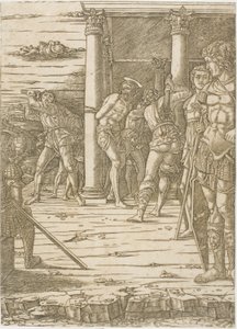 La flagelación de Cristo, con el fondo del paisaje de Andrea Mantegna