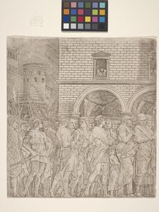 Los senadores - El triunfo de Julio César (grabado sobre papel verjurado crema) de Andrea Mantegna