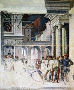 Transporte del cuerpo decapitado de San Cristóbal, detalle del Martirio de San Cristóbal de Andrea Mantegna