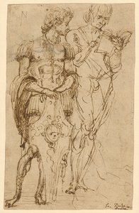 Dos figuras masculinas de pie (anverso); Un hombre recostado y otros estudios (reverso)