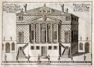 Fachada principal de Villa Foscari conocida como La Malcontenta, Mira, grabado de A lo largo del canal Brenta, casi barrio de la ciudad de Venecia