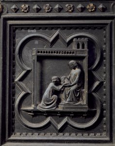 Salomé lleva la cabeza de San Juan Bautista a su madre Herodías, esposa de Herodes, decimoctavo panel de las Puertas del Sur del Baptisterio de San Giovanni, 1336