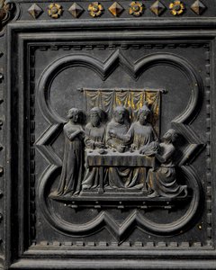 La presentación de la cabeza de San Juan Bautista al rey Herodes, decimoséptimo panel de las puertas sur del Baptisterio de San Giovanni, 1336