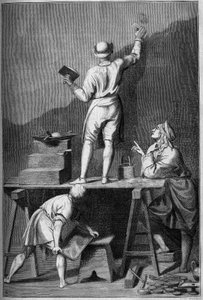 Preparación del yeso para una pintura al fresco (affresco). Dibujo de Chevignard por Andrea Pozzo de Andrea Pozzo