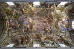 Bóveda de la Iglesia de San Ignacio de Loyola en Roma, fresco en trampantojo representando la apoteosis de Ignacio de Loyola, alegoría de la labor misionera de los jesuitas, realizado en 1685 por Andrea Pozzo (1642-1709), Construcción del siglo XVII, I de Andrea Pozzo