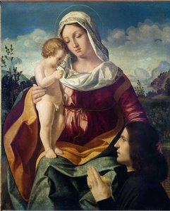 La Virgen y el Niño, con un donante - Pintura de Andrea Previtali (hacia 1480-1528), óleo sobre lienzo de Andrea Previtali