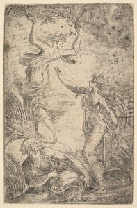 Apolo a la derecha sosteniendo un arco persiguiendo a Dafne a la izquierda, ca. 1538-40 de Andrea Schiavone