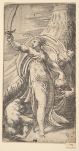 Judith con la espada levantada en su mano derecha, colocando la cabeza de Holofernes en el saco, ca. 1542-45 de Andrea Schiavone