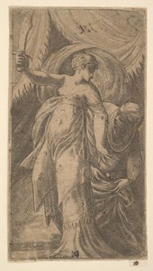 Judith con su espada levantada en su mano derecha y colocando la cabeza de Holofernes i..., ca. 1540-45
