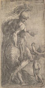 Marte de pie a la izquierda apoyado en un escudo, Cupido a la derecha de Andrea Schiavone